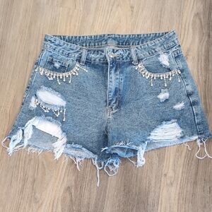 Women Distressed Denim Shorts with Pearl & Rhinestone  Accents Size Large